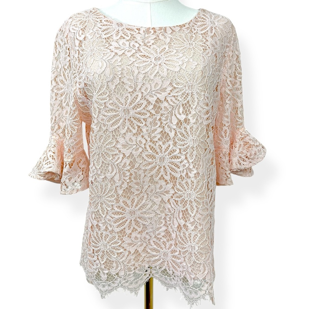 Nanette Lepore Floral Lace Crew Neck Bell Sleeve Top Shirt Large Light Pink
